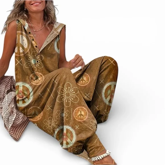 Bohemian Brown Sleeveless Jumpsuit with Peace Symbols Size: Medium NWT - Picture 3 of 3